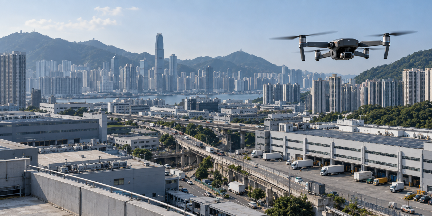Concept image of a professional quadcopter above an urban logistics district
